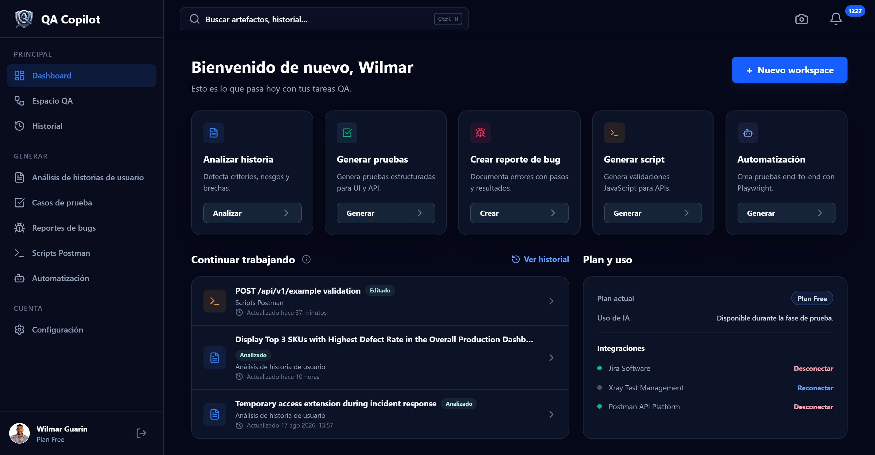 Dashboard real de QA Copilot con funcionalidades, artefactos recientes, información del plan e integraciones