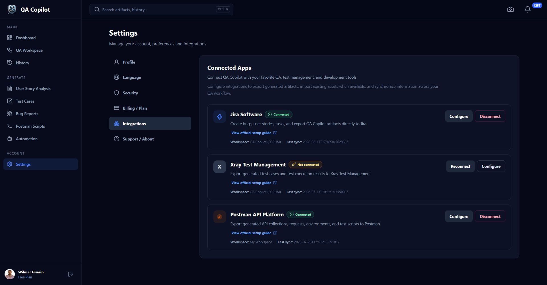 Real QA Copilot integration settings showing Jira, Xray, and Postman connection states
