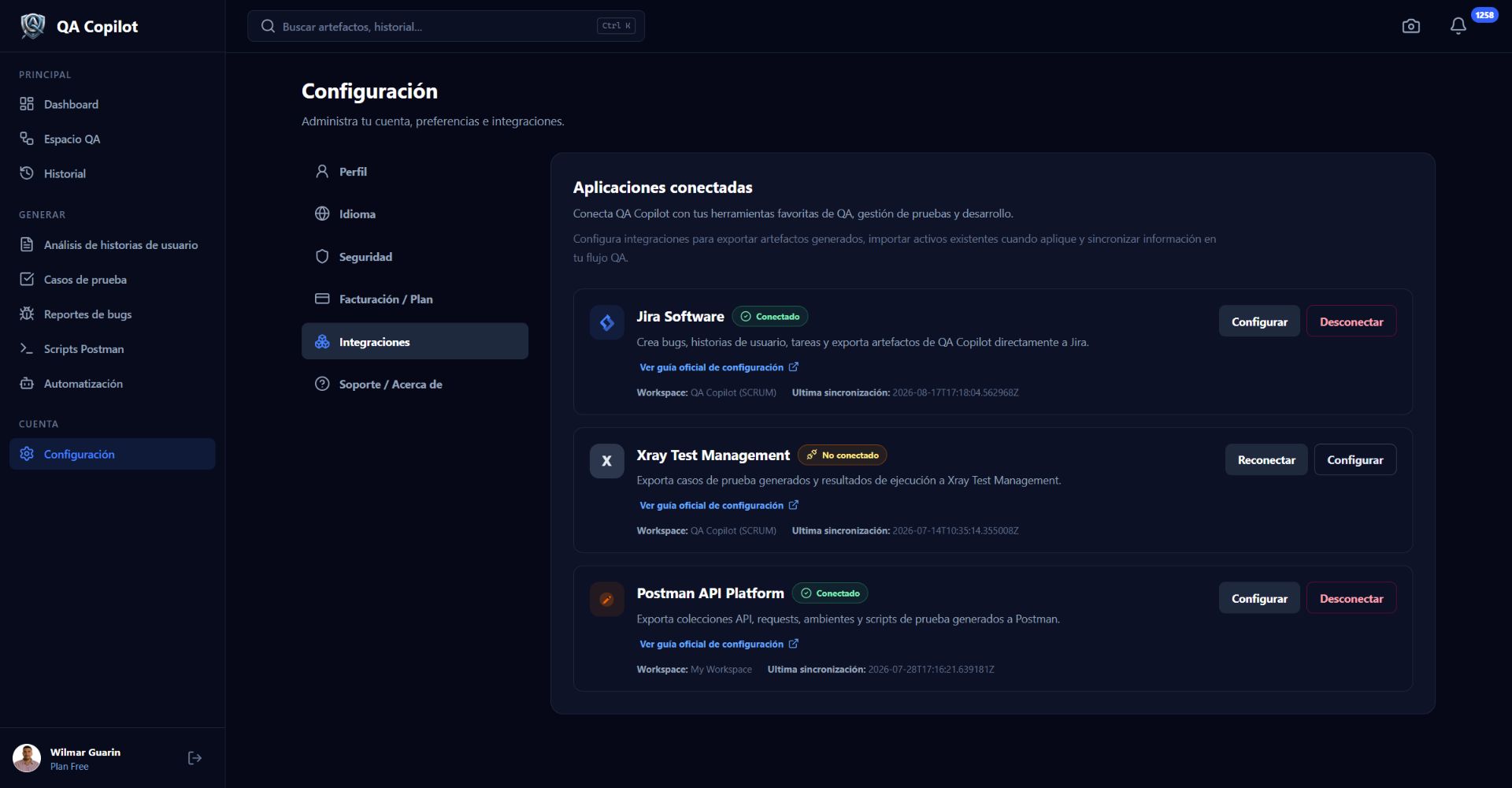 Configuración real de integraciones de QA Copilot con los estados de Jira, Xray y Postman