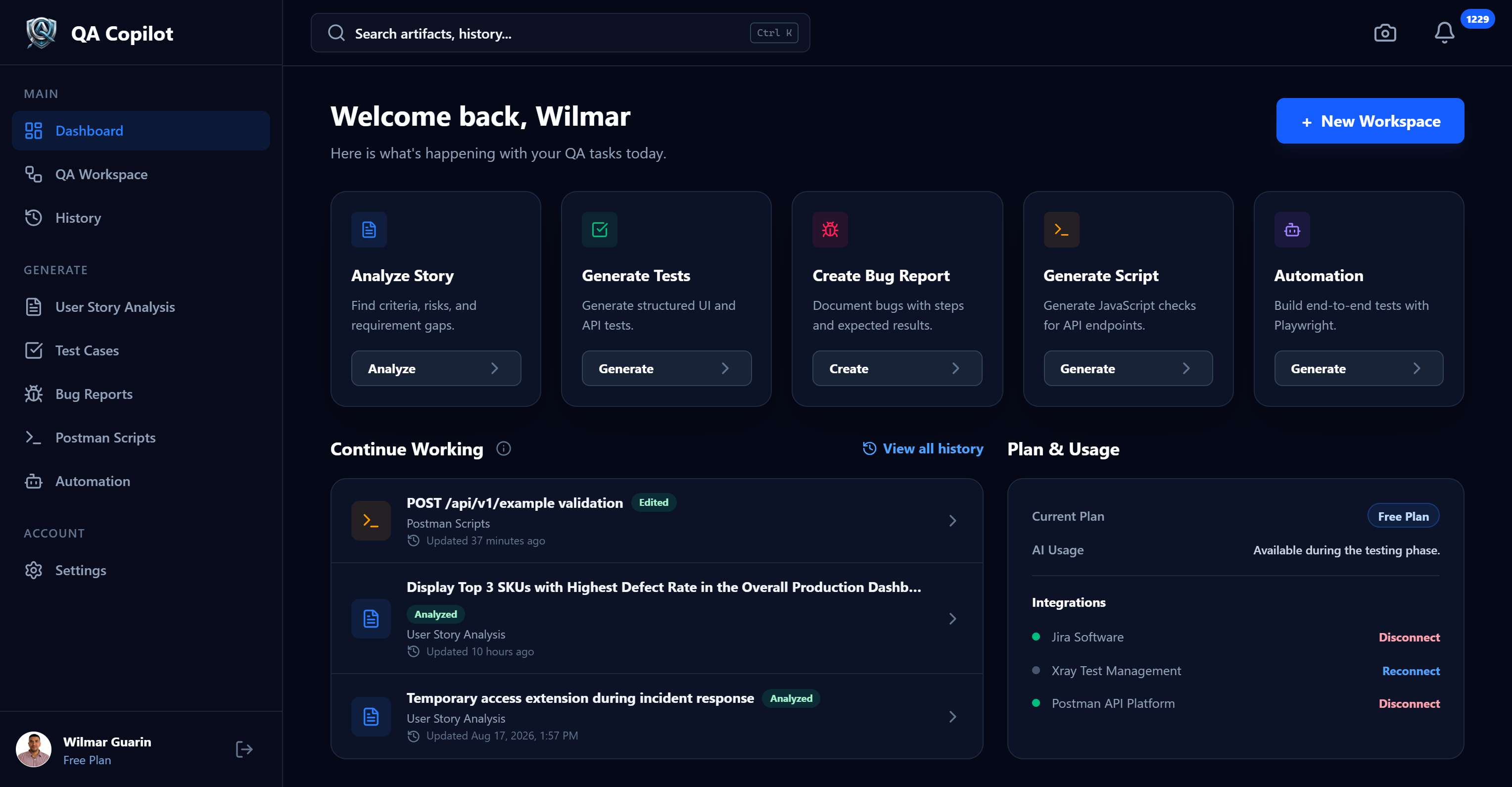 Real QA Copilot dashboard preview