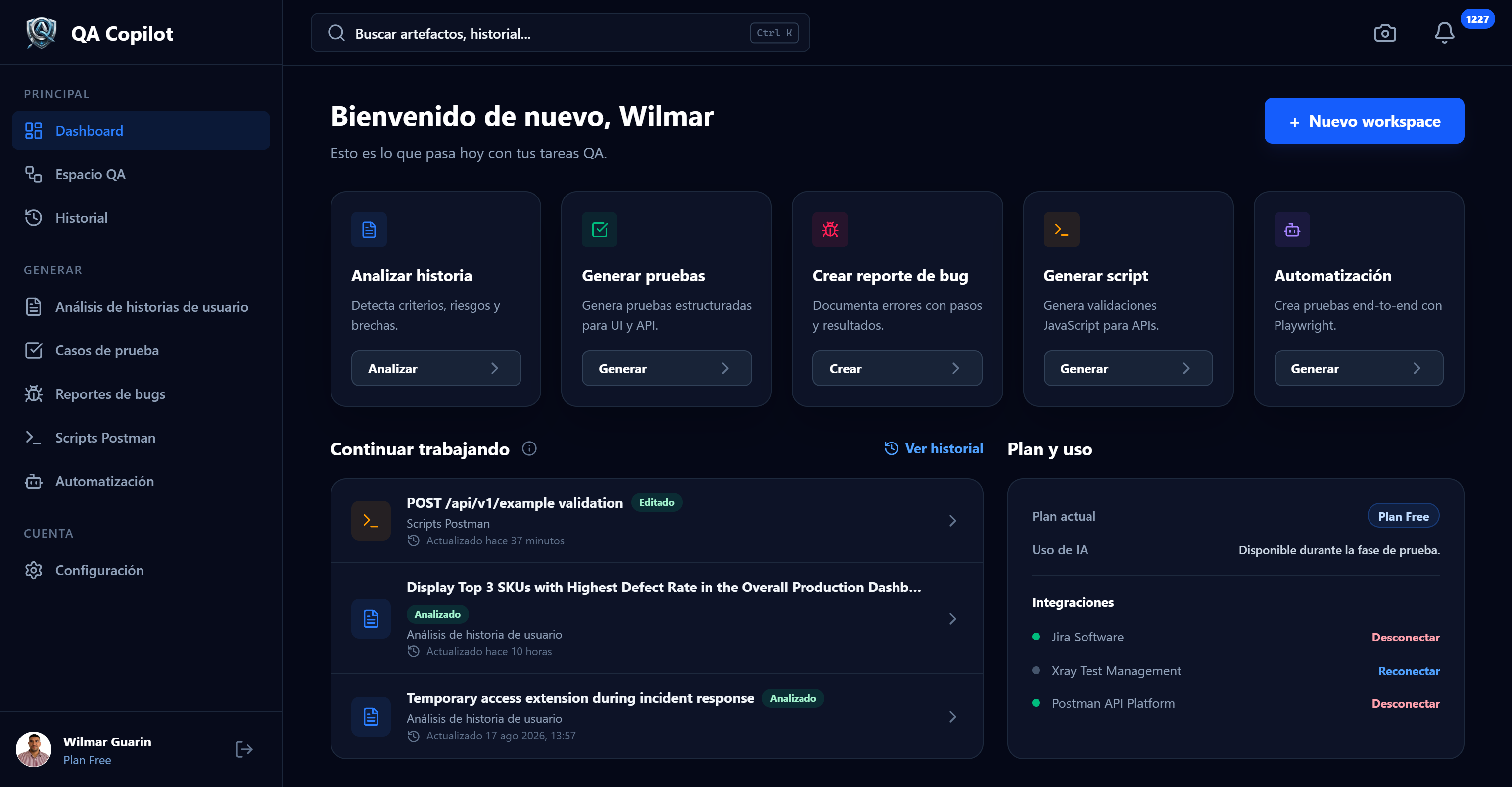 Vista previa real del Dashboard de QA Copilot