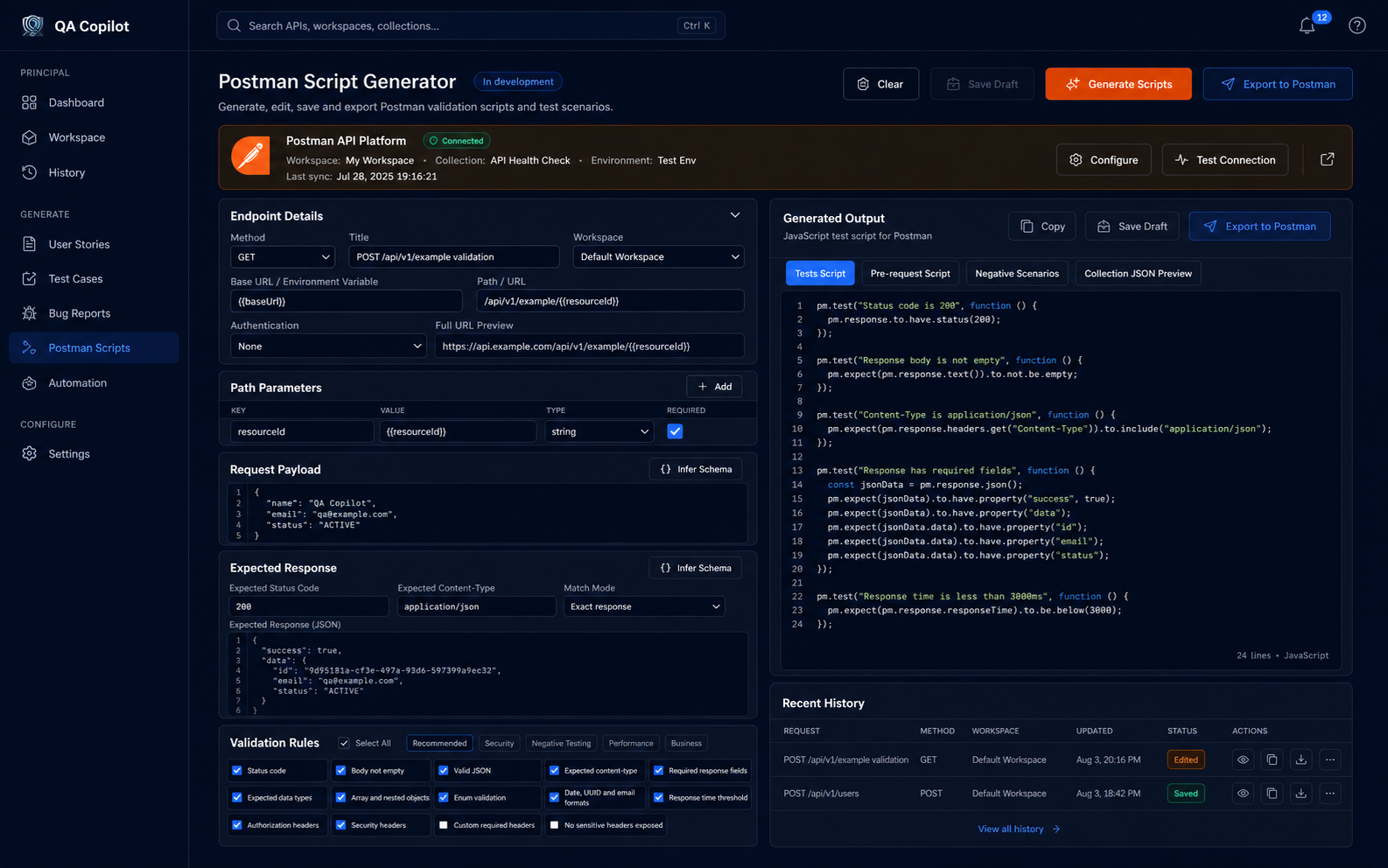 Refined preview of the QA Copilot Postman script workspace, currently in development
