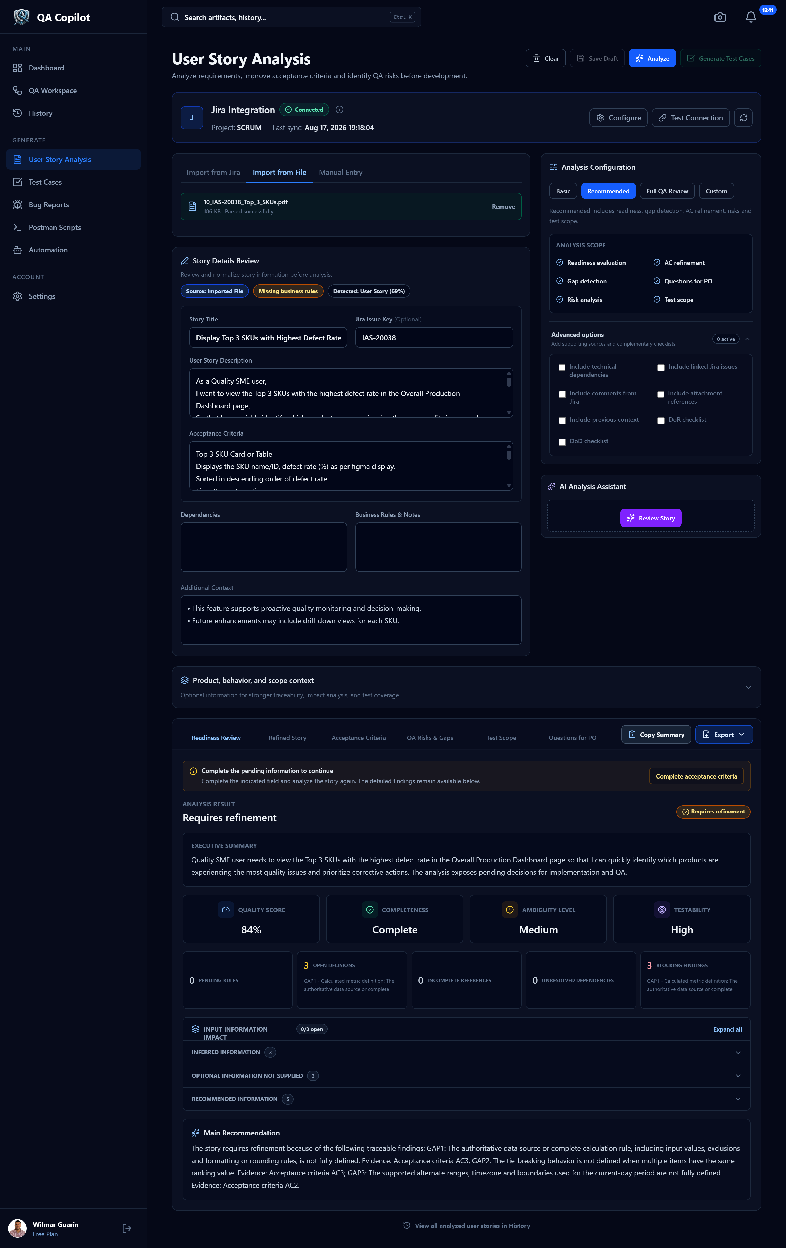 Real QA Copilot User Story Analysis showing imported evidence, analysis configuration, readiness findings, quality metrics, and recommendations