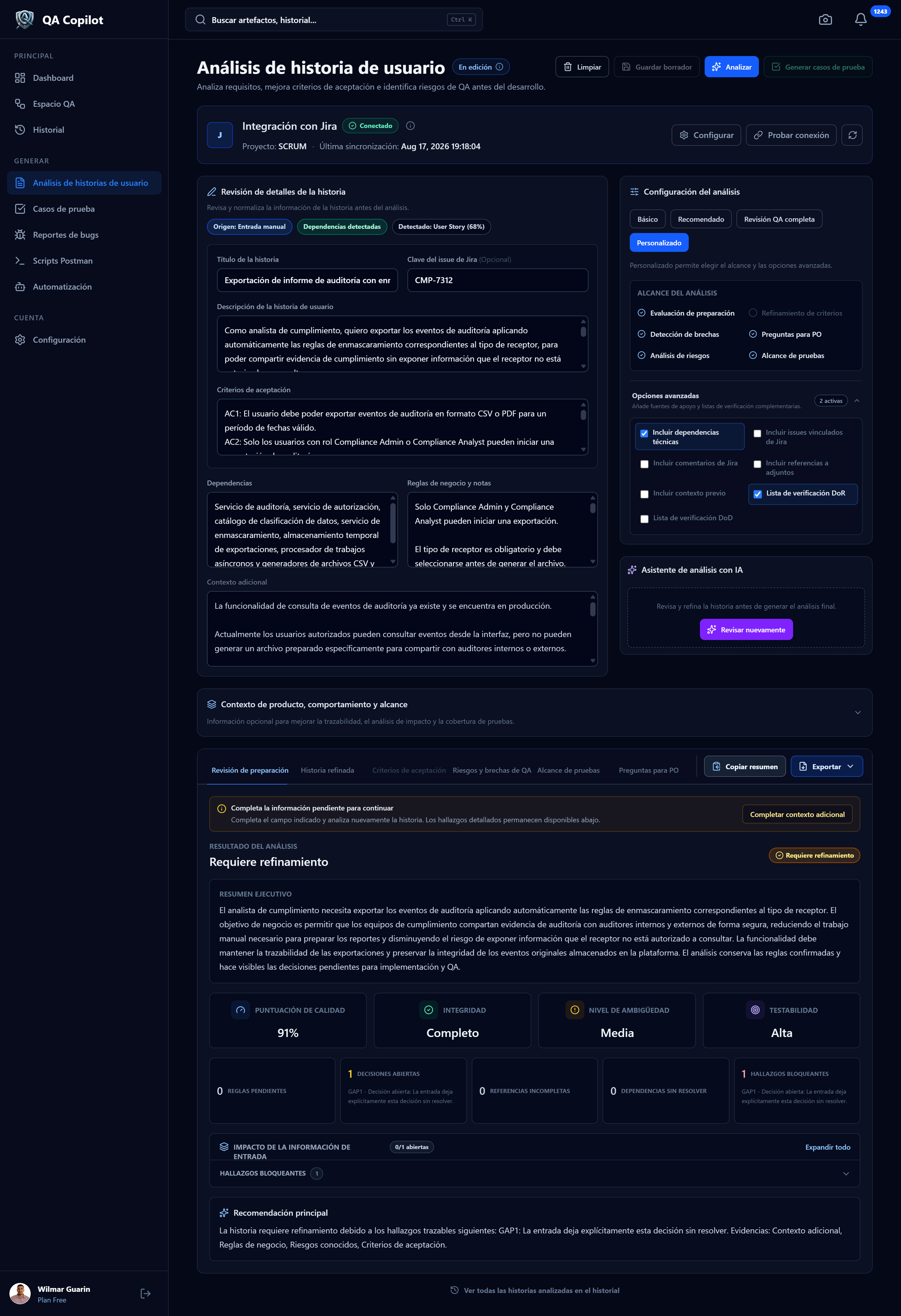 Análisis real de historia de usuario en QA Copilot con evidencia, configuración, hallazgos de preparación, métricas de calidad y recomendaciones