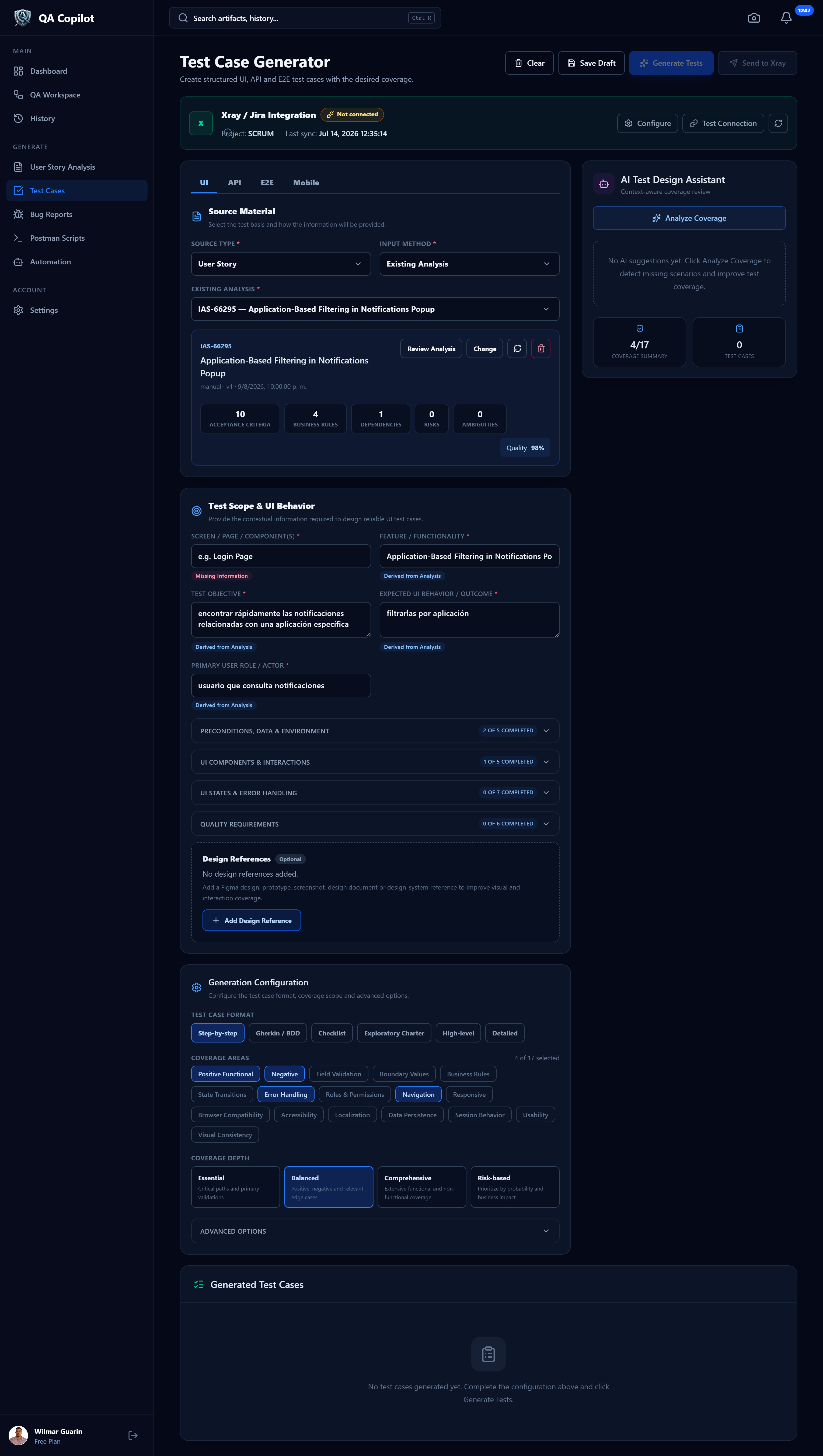Real QA Copilot Test Case Generator showing an existing analysis, UI test scope, coverage configuration, and Xray integration status