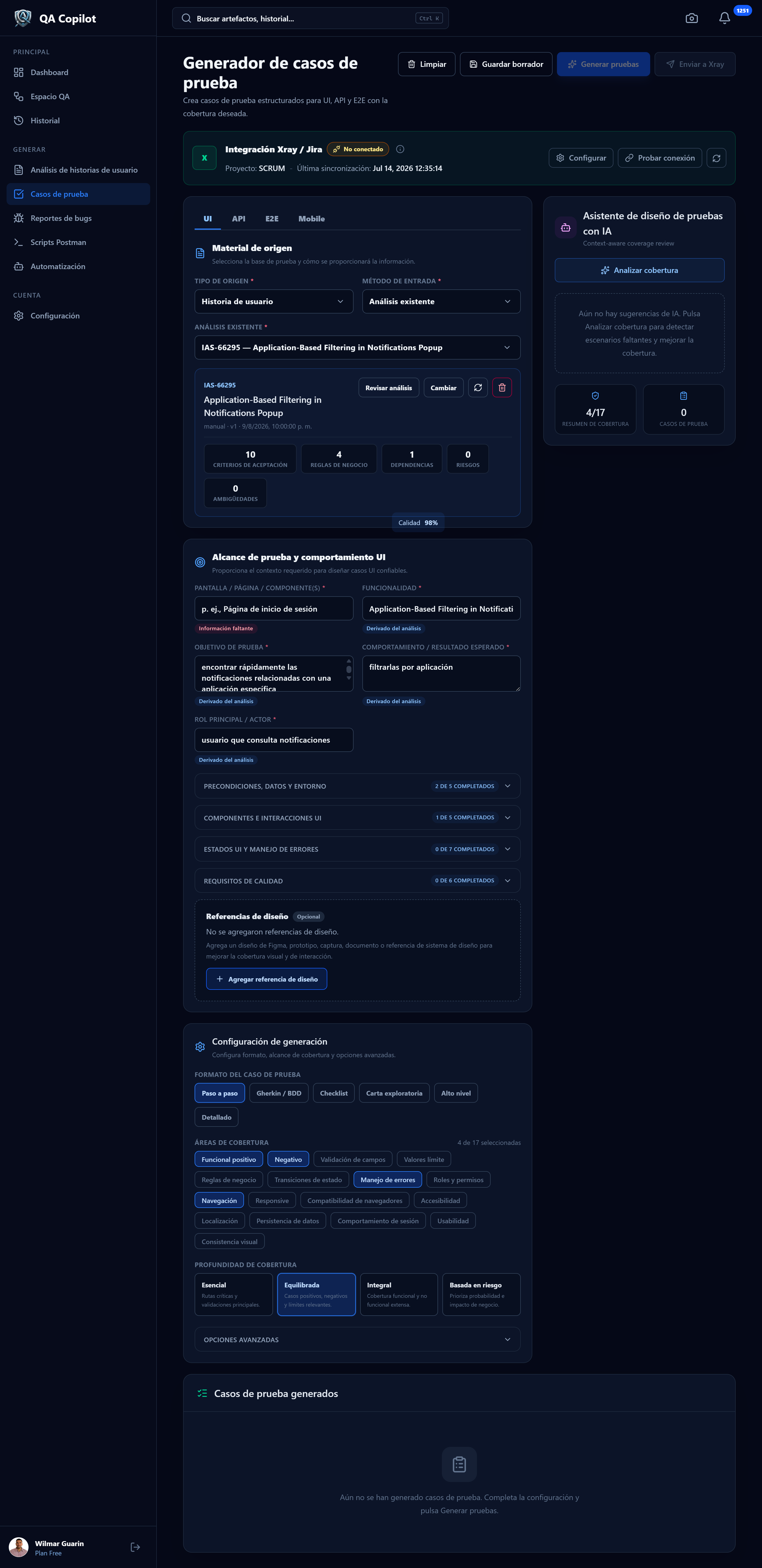 Generador real de casos de prueba en QA Copilot con un análisis existente, alcance de pruebas UI, configuración de cobertura y estado de integración con Xray